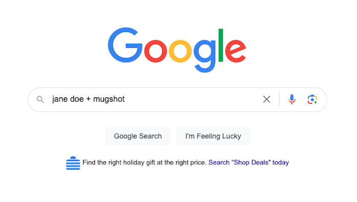 A Google search page with a magnifying glass on it, allowing users to find mugshots.